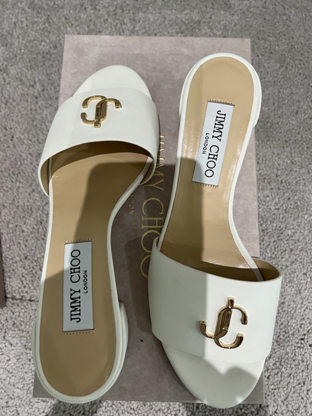 Jimmy Choo Milk White Slide Mules with Gold JC Emblem - Picture 2 of 4